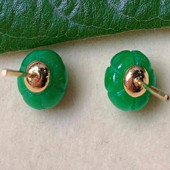 Gold Green Jade Stud Earrings - Picture 3 of 5